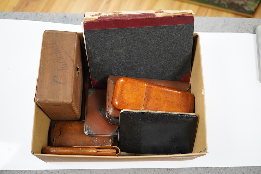 Assorted leather cigar cases, a shagreen cigarette case, a book of cigar labels and a wooden box, shagreen case 9cm high. Condition - box poor, cases fair to good